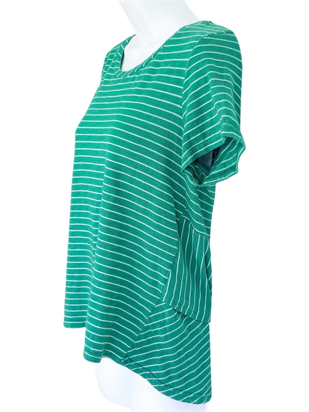 ANTHROPOLOGIE Green Striped Tiered Ruffle Hem Cotton Top Shirt Medium - Picture 2 of 8